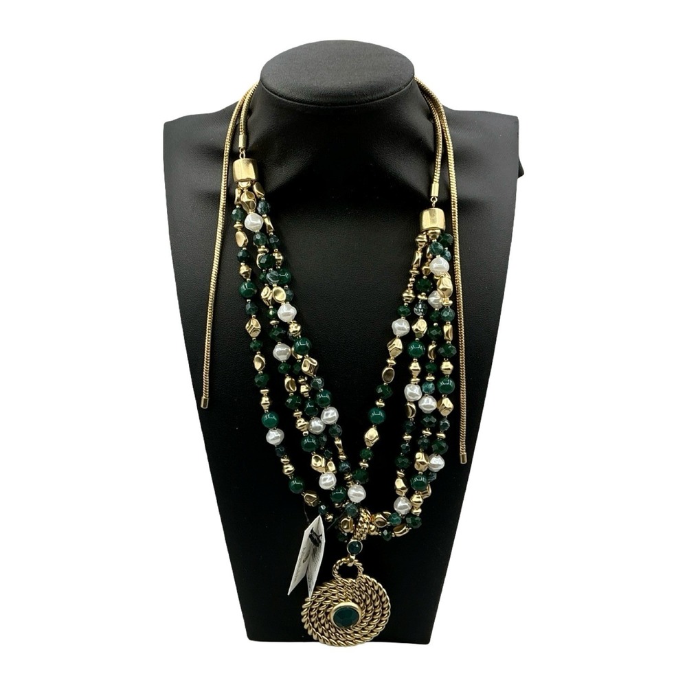Chico's Emerald Goddess Multi Strand Necklace Green Gold Pearl Adjustable NWT